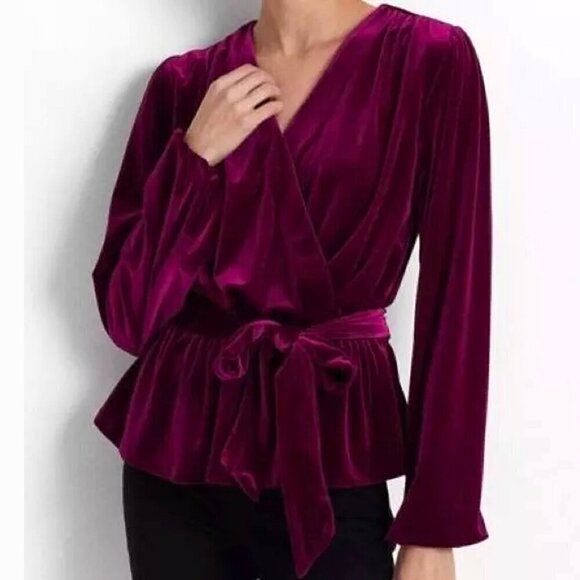 NEW Ralph Lauren Size M Medium Garnet Pink Solid Velvet Belted Peplum Blouse Top - Picture 1 of 12